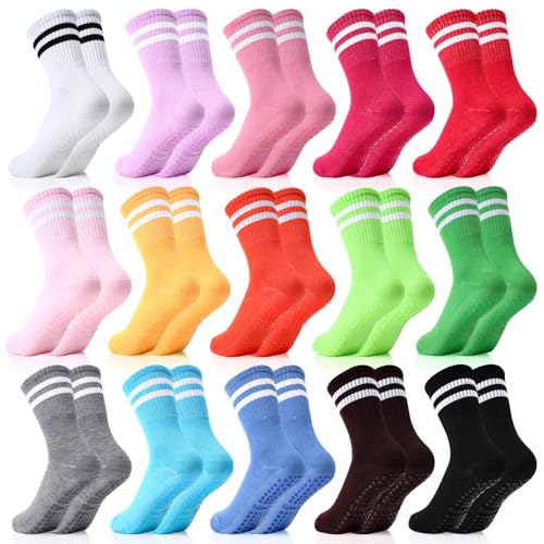 15 Pairs Colorful Pilates Socks with Grips for Women Yoga Socks with Grips Classical White Stripe Non Skid Athletic Crew Sticky Sock for Workout Hospital - Main Image