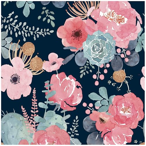 HAOKHOME Navy Floral Peel and Stick Wallpaper Watercolor Peony Wall