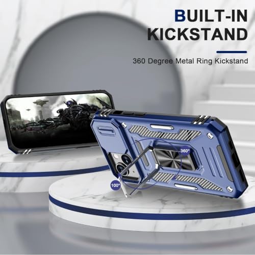 Image of Polycarbonate Back Cover Case Compatible for Apple iPhone 15 with Slide Camera Cover & Rotated Ring Kickstand | Military Grade Mobile Phone Cover Case for Apple iPhone 15 (Blue)