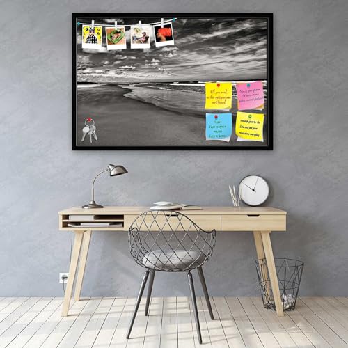 Image of ArtzFolio Sea, Air, & Land Monochrome Contrast | Bulletin Board Notice Pin Board | Vision Soft Board Combo with Thumb Push Pins & Sticky Notes | Black Frame | 23.5 x 16 inch (60 x 41 cms)