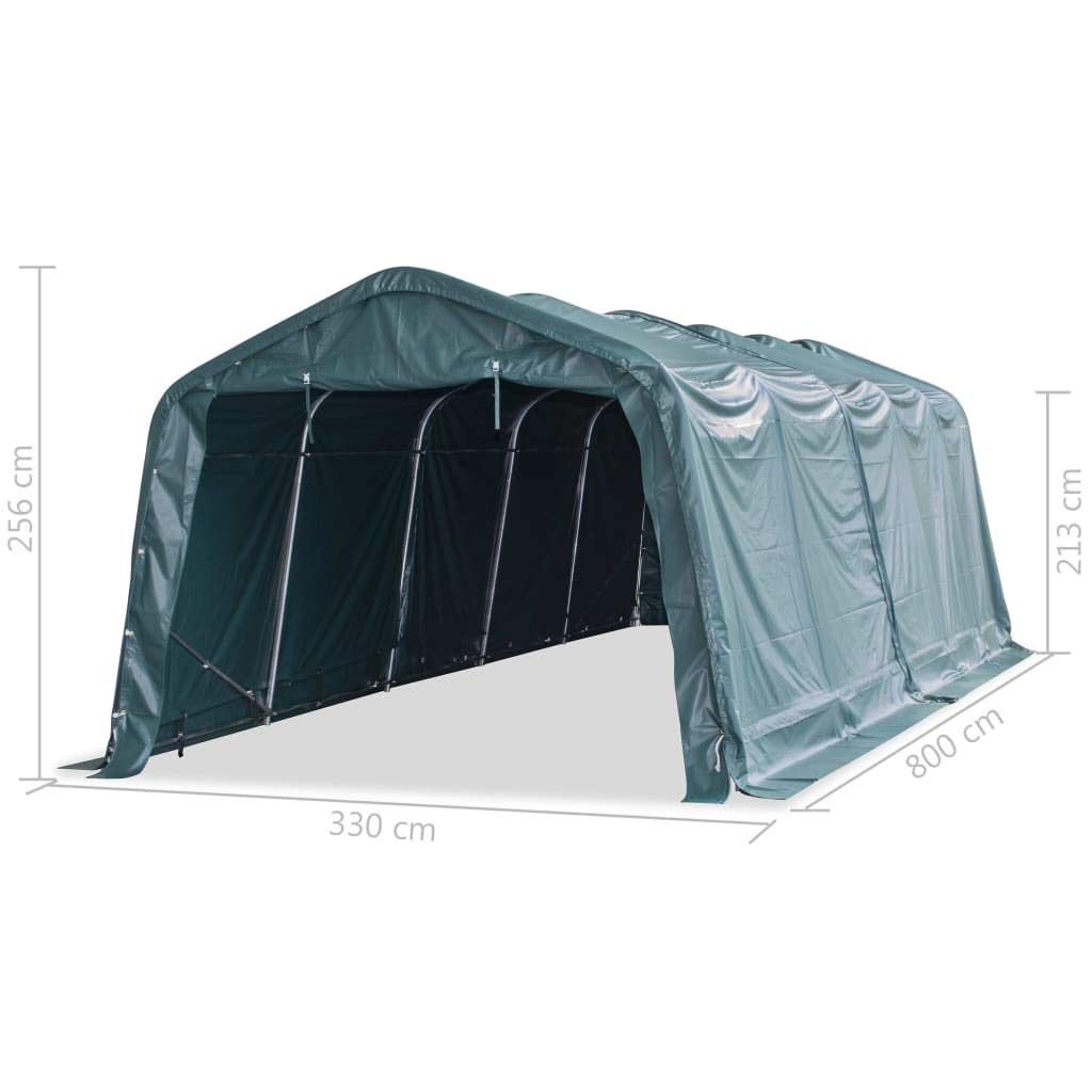 Tenda per pascolo in PVC 550 g/m², 3,3 x 8 m, verde scuro, con telaio in acciaio zincato, resistente alle intemperie, per allevamento, pascoli, animali da allevamento, stalla, forniture