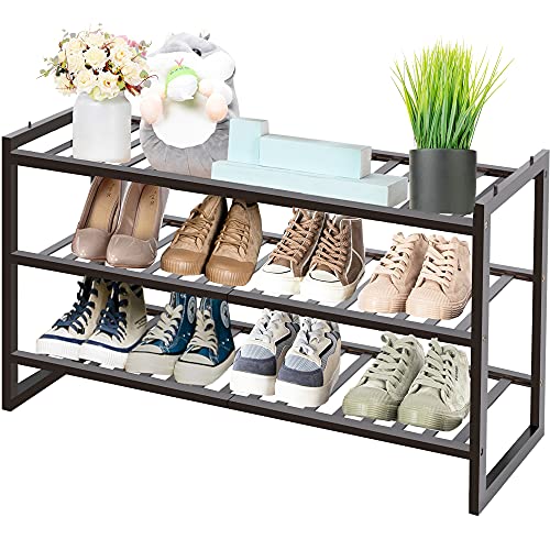 OYREL Shoe Rack 3 Tier, Natural Bamboo Stackable Shoe Shelf Shoe Storage Organizer Wooden Shoe Rack for Entryway, Hallway, and Closet Shoe Standï¼ˆUpgrade Dark Brownï¼‰