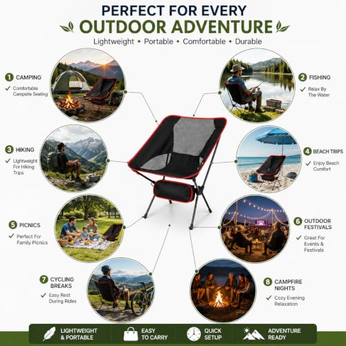 Image of Heavy-Duty Folding Camping Chair with Carry Bag, Breathable Mesh Seat and Lightweight Aluminum Alloy Frame, Easy 60-Second Setup with Anti-Slip Feet for Hiking, Fishing, Picnics, Outdoor (Black /Red)