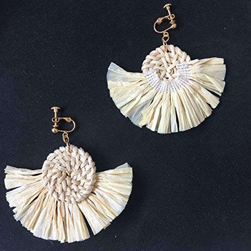 Woven Tassel Earrings Clip On Lightweight Rattan Raffia Straw Wicker Braid Thread Dangle Drop Apricot #TOP5
