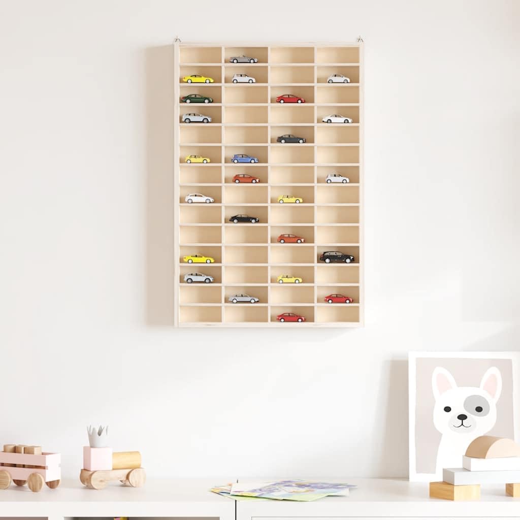 Wooden Wall Mount Display Case with 56 Compartments | Plywood cabinet measuring 15.7x1.8x23.6 inches, ideal for organizing and showcasing small figurines and collectibles.