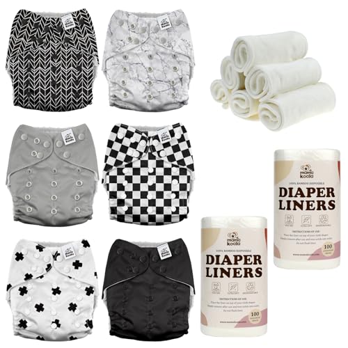 Image of Mama Koala 3.0 Baby Cloth Diapers with 6 Inserts Bundle(Black and White), with 2 Rolls Disposable Natural Liners