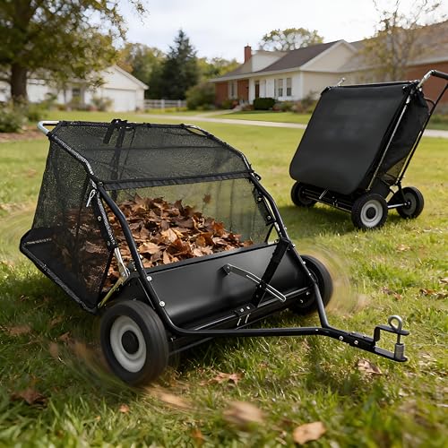 Rodiuiu Tow Behind Lawn Sweeper, 44 in Pull Behind Lawn Sweeper, 25 cu. ft Large Capacity Leaf & Grass Collector, Heavy Duty Garden Sweepers with Adjustable Sweeping Height for Yard, Lawns, Farm