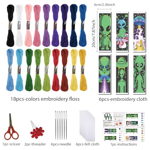 Image of FREEBLOSS 6 Set Cross Stitch Bookmark Kits Alien Pattern Stamped Cross Stitch Kit 11CT Embroidery Kit with Instructions for Beginners 20x6cm /8x2.4inch
