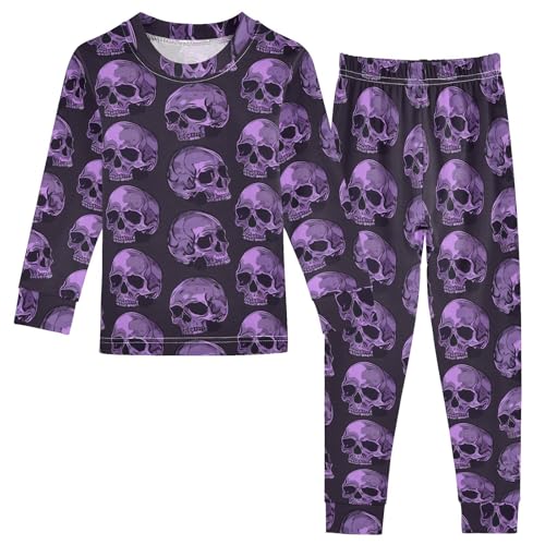 Fustylead Vibrant Purple Skull on Dark Background Pajamas Cotton Sleepover PJ Set Long Sleeve Lounge Wear