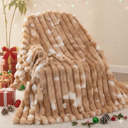 Throw Blanket for Couch - 90" x 90" Faux Rabbit Fur Throw Blanket Cozy Soft Warm Blankets for Bed Sofa Bedroom Living Room Fluffy Striped Blankets for Fall Winter, Home Decor, Brown