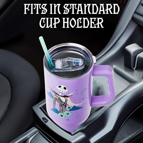 Image of Silver Buffalo Disney Nightmare Before Christmas by Tim Burton Jack Skellington Double Walled Stainless Steel Tumbler with Handle and Straw, Fits in Standard Cup Holder, 40 Ounces