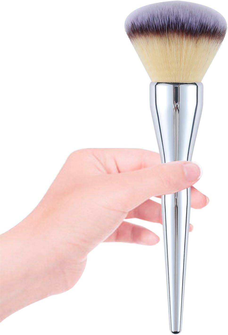 GLO&RAY Silver Powder Brush Large Foundation Brush for Face Powder, Blush, Bronzer - Vegan Synthetic Bristles, Aluminum Ferrule, Plastic Handle