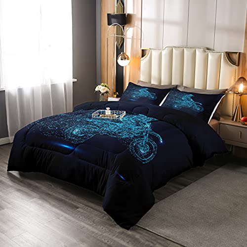 Erosebridal Teens Dirt Bike Comforter Set Full Size, Motocross Rider Bedding Set Motorbike Sport Down Comforter for Kids Boys Adult, Motorcycle Extreme Sport Quilted Duvet Bedroom Decor, Blue