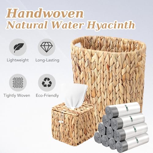 Image of BSSN 4 Gallon Wicker Trash Can Handwoven Bathroom Trash Can,Square Water Hyacinth Tissue Box Cover, Narrow Small Waste Basket,White 150 Count 5 Gallon Trash Bags Rustic Decor Set for Bedroom & Office