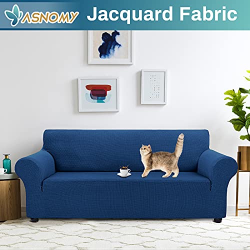 Asnomy Couch Covers for 3 Cushion Couch Stretch Sofa Covers Slipcovers, Pet Protector Furniture Covers for Dogs Cats Spandex Jacquard Fabric Small Checks （Large，Classic Blue） - Thumbnail 2