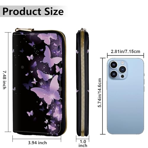 Image of Women's Wallets,Credit Card Holder Money Leather Long Wallet with Wristlet,Large Capacity with Zip-Around Phone Purse for Women Ladies Girls,Purple Butterfly