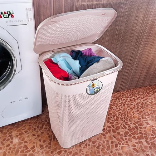 Image of Joyo Drop Laundry Multipurpose Plastic Laundry Basket /Bin /Hamper /Bucket /Storage Organizer With Lid, 54 Ltr - Royal Light Brown