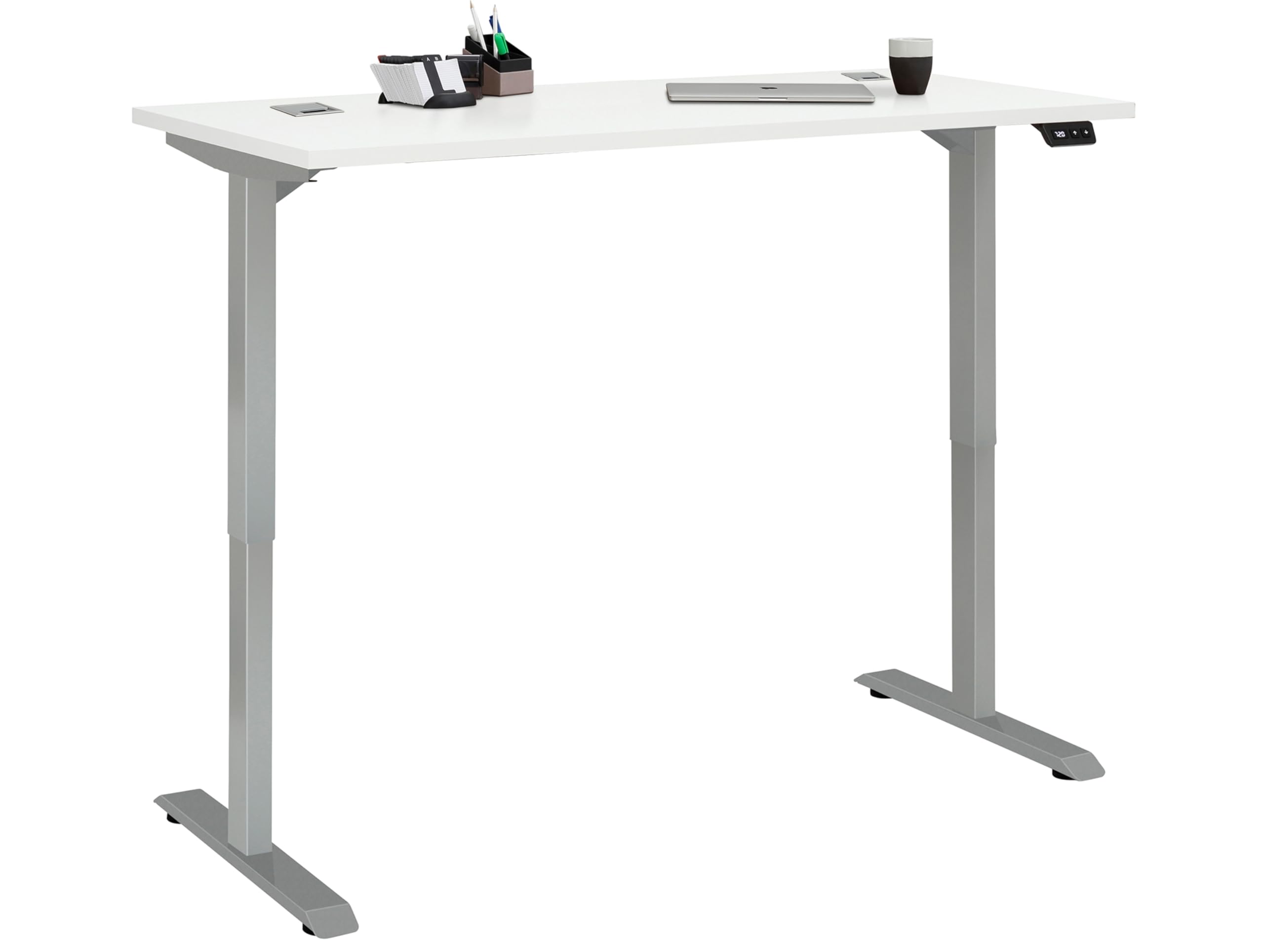 möbelando Schreibtisch >e-Desk< elektrisch höhenverstellbarer in Weiß matt/Alu, Ergonomisch für gesundes Arbeiten, Stufenlos mit LED-Anzeige, Stoß- und Kratzfest, Made in Germany - 175x72x80 (B/H/T)