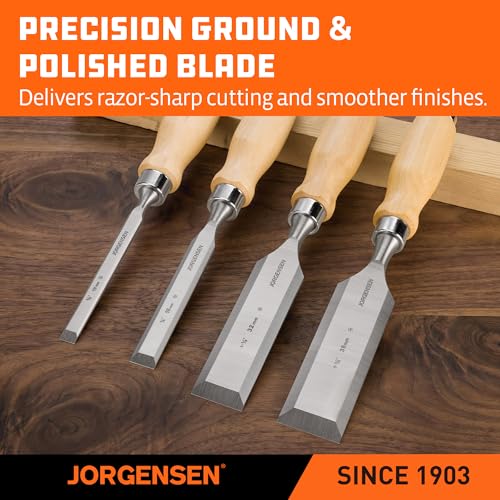 Image of Jorgensen 4-Piece Expansion Wood Chisel Set, Chromium Alloy Steel Beveled Edge Wood Chisels, Wood Chisels for Woodworking, Ergonomic Hardwood Handle with Metal Ferrule, 3 /8 inch, 5 /8 inch, 1-1 /4 inch, 1-1 /2 inch