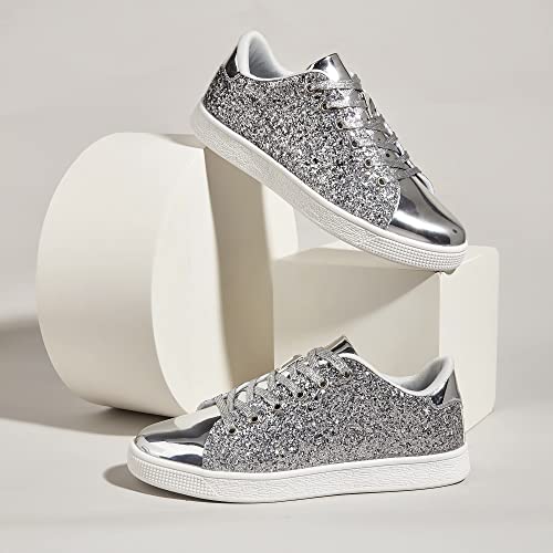 Image of LUCKY STEP Glitter Shoes Sparkly Bling Shiny Bedazzled Lace up Fashion Sneakers for Women