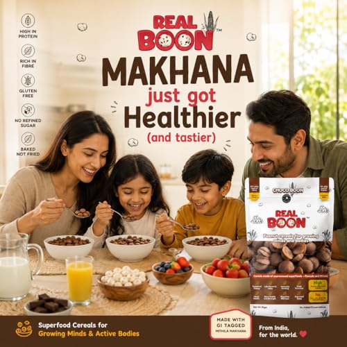 Image of Real Boon Makhana Millet Choco Cereals | High Protein, Gluten Free, Low GI, Vegan & Fiber Rich | Healthy Breakfast for Kids & Adults | Chocolate Flavor | Pack of 2