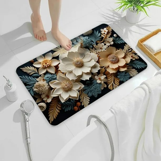 Image of Non-Slip 3D Floral Bath Mat, Quick Dry Absorbent Silicone Floor Mat, Anti Skid Doormat for Bathroom, Home, Office, Living Room, Hallway Runner, Soft Cushion Carpet Rug (3D Flowers)