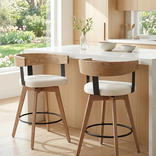 Butaco HNY 26" asiento altura giratorio en lino juego de 2, blanco | Moderno taburetes giratorios 360° con tapizado de lino estructura de madera maciza y reposapiés de metal perfecto para barra y comedor miniatura 6