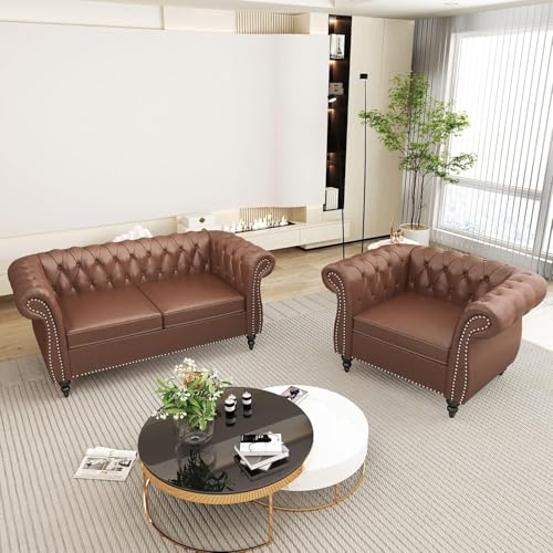 Image of WOODEN WORLD Modern & Classic Leather Sofa Set - Luxurious Comfort, Stylish Design, and Durable Build (Brown, 2+1 Seater)