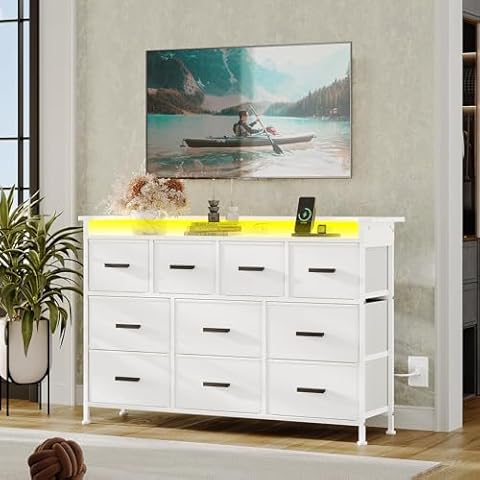 NASHZEN Dresser TV Stand, 10 Drawer Bedroom TV Stand with Power Outlets & LED Lights, Wide Fabric Dresser with Shelf, for TV Up to 50’’, White Cover