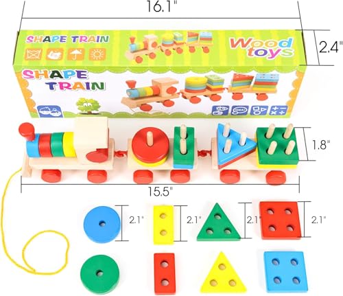 Image of SHINETOY Wooden Railway Train Toddler Toy, Rail Wooden Blocks for 1-3 Year Old Boys Girls, Montessori Sorting Stacking, Preschool Educational Toy for Kids