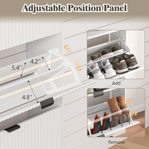Image of Shoe Cabinet Storage for Entryway with 3 Flip Drawers, Fluted Narrow Shoe Organizer with Wooden Legs, Freestanding Slim Shoe Storage Hidden Shoe Rack Organizer for Front Door Entrance, Hallway, White