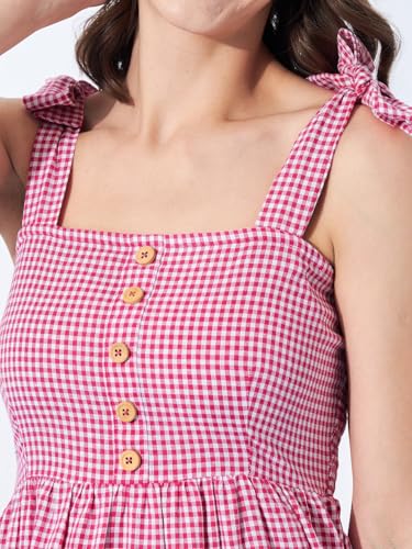 Image of Women's Gingham Checkered Summer Dress | Sleeveless A-Line Mini Dress with Shoulder Tie Straps & Button Front | Casual Picnic, Beach Wear