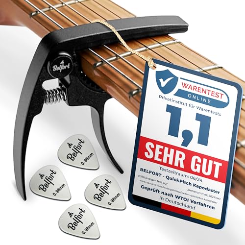 BELFORT® QuickPitch Kapodaster für Gitarre + 3 Plektren + Gratis eBook - Kinderleichte Bedienung, Capo für Gitarre (Westerngitarre, Akustikgitarre, Konzertgitarre, E-Gitarre, Ukulele) Gitarren Zubehör