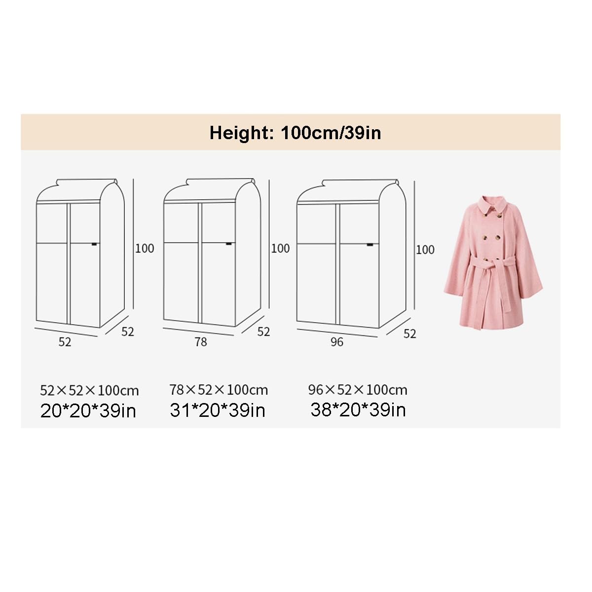 Kleiderhüllen zum Aufhängen von Kleidung, Kleiderschutzhüllen zur Aufbewahrung im Schrank, Vollständig Versiegelte Kleidersack mit Durchsichtigem PVC-Fenster(Gray,96*52*100cm/38*20*39in)
