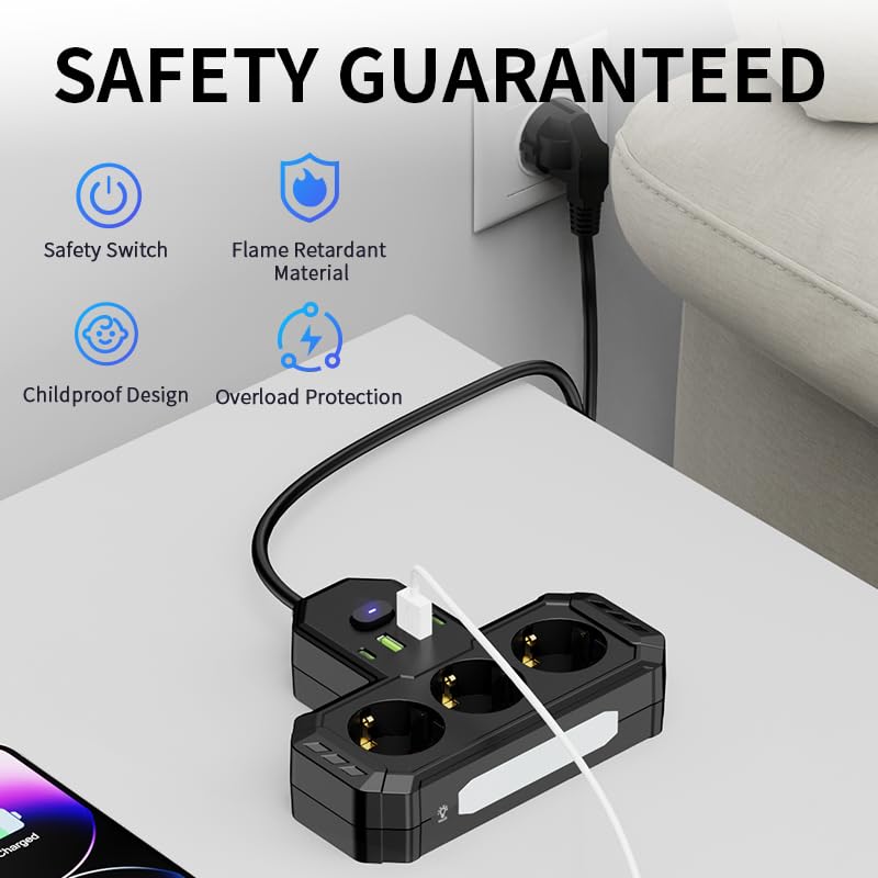 Steckdosenleiste 7-in-1 mit Überspannungsschutz, 3 AC-Steckdosen, 2 USB 2.0 Typ-C-Anschlüsse, 2500W, 10A, für Zuhause, Büro und Reisen (Weiß)