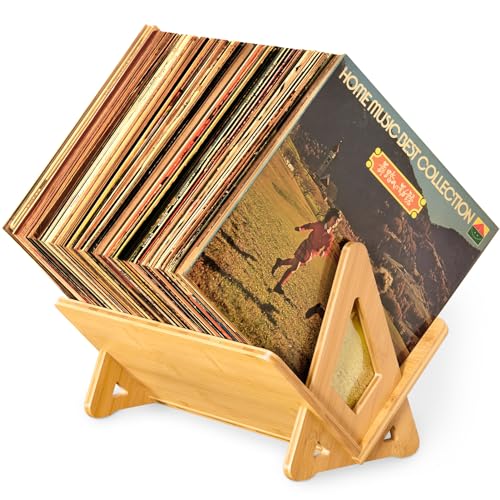 AMASBABOS Bamboo Vinyl Record Holder 80-100 LP Record Stand, Quick Assembly Record Storage, Modern Design Organizer for Magazine, Book, Files, Albums in Bed Room, Office, living room.