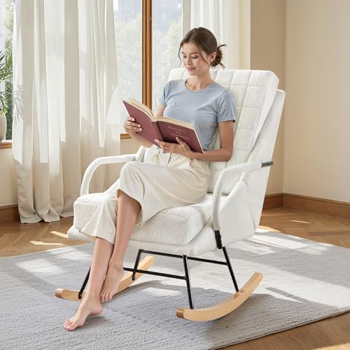 VECELO Rocking Chair Nursery, Larger Size Teddy Fabric Glider Rocker with Padded Cushion, Upholstered Removable High Back, White