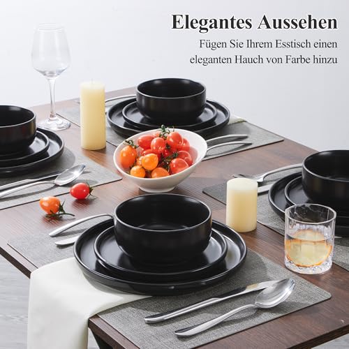 Joyfair Geschirrset 6 Personen, 18-tlg Steinzeug Tafelservice Set, Reaktive Glasur Geschirr Set mit Speiseteller, Dessertteller, Müslischalen, Mikrowellen- & Spülmaschinenfest, Abyssal Schwarz