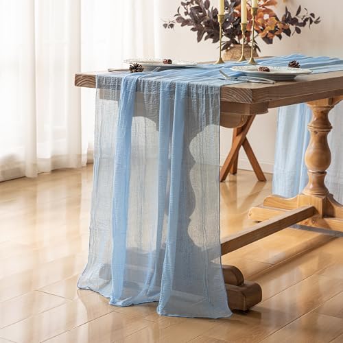 Image of Light Blue Cheesecloth Table Runner 120 Inches for Party Home Decorations