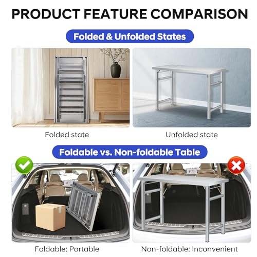 Stainless Steel Folding Table (48x24 in) - Commercial Work Table for Home, Kitchen, Restaurant, Garage, Camping, Outdoor, 520 lbs Load, Foldable Stainless Steel Workstation, Single Tier No Undershelf