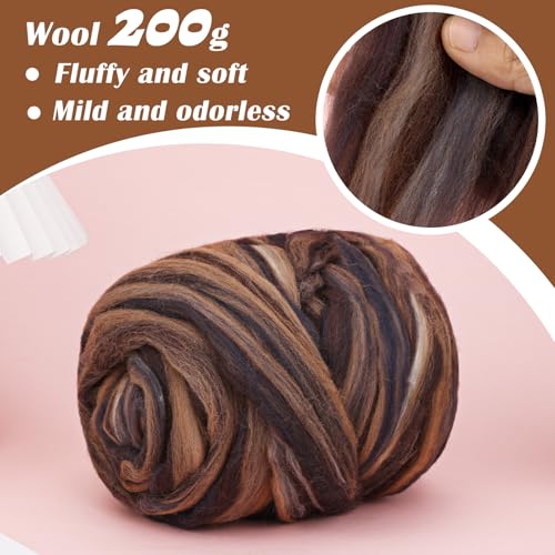 Image of Wool Roving 7.02oz Colored Natural Needle Felting Wool Bulk for Spinning, Arm Knitting Blanket, Wet Felting, Handcrafts, Yarn Roving for DIY Craft Materials(Mocha Ombre)