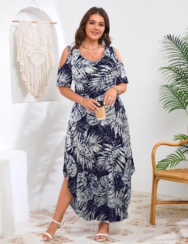 Image of JollieLovin Womens Plus Size Casual Summer Maxi Long Dress Cold Shoulder V Neck Beach Sundresses