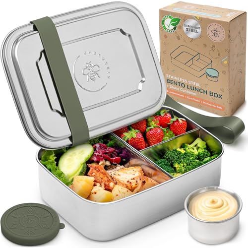 Everusely - Bento Box - Sage - 1,4 L - Grande boîte repas en acier inoxydable avec récipient à sauce étanche - Récipient à snacks 3 compartiments