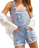 cffdviz Damen Lässige Loose-Fit Denim-Latzhosen-Shorts Mit Mehreren Sommer Latzjeans-Shortalls Mit Verstellbaren Trägern,Light blue,XXL