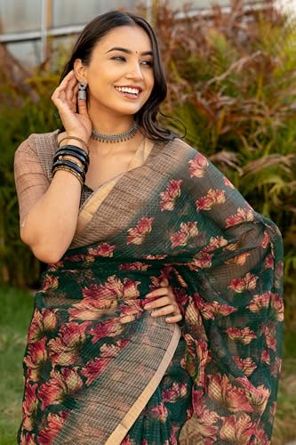 Image of MIRCHI FASHION Kota Doria Cotton Saree with Blouse Piece | Leaf Floral Printed Saree for Women | Traditional Ethnic Daily Wear Summer Saree