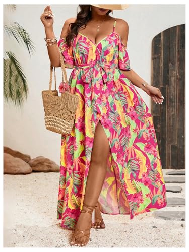 Image of Floerns Women's Plus Size Cold Shoulder Short Sleeve Split Thigh Long Dress