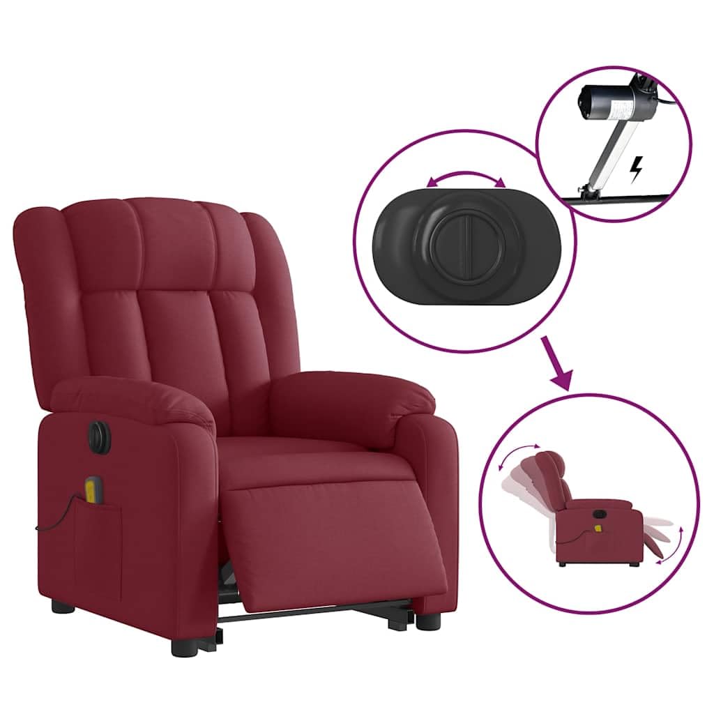Sillón elevador eléctrico reclinable con 6 puntos de vibración, de tejido rojo vino, para elevación y relajación automática, asiento amplio y estable