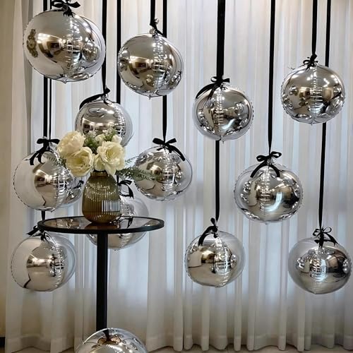 Image of 9 Pcs Silver Round Foil Balloons,22 Inch Metallic Silver Round Balloons | Silver Giant 4D Round Ball Balloons For Graduation Birthday Wedding Anniversary New Year Disco Party Decorations