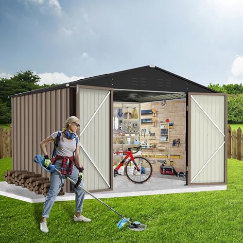Image of 8X8FT Metal Outdoor Storage Shed - Galvanized Steel Waterproof Garden Shed with Lockable Doors & Vents, All-Weather Utility Tool Shed for Lawn Mower, Bike