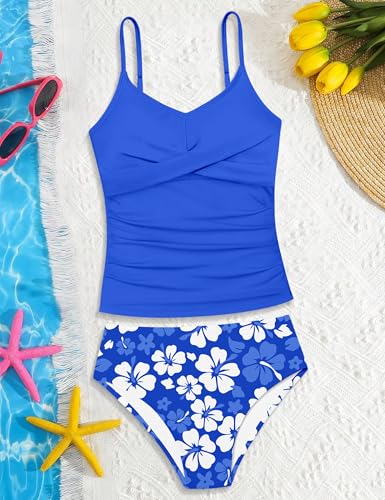 Image of Girls Swimsuit 2 Piece Bathing Suit Criss Cross Ruched Girl Tankini Sets Printed Girls' Swimwear for 9-18 Years